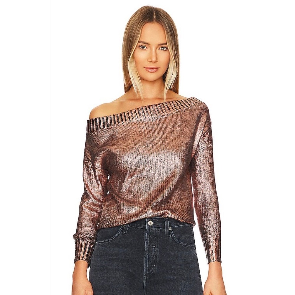 superdown Metallic Off Shoulder Sweater Womens Small Rose Gold Shimmer